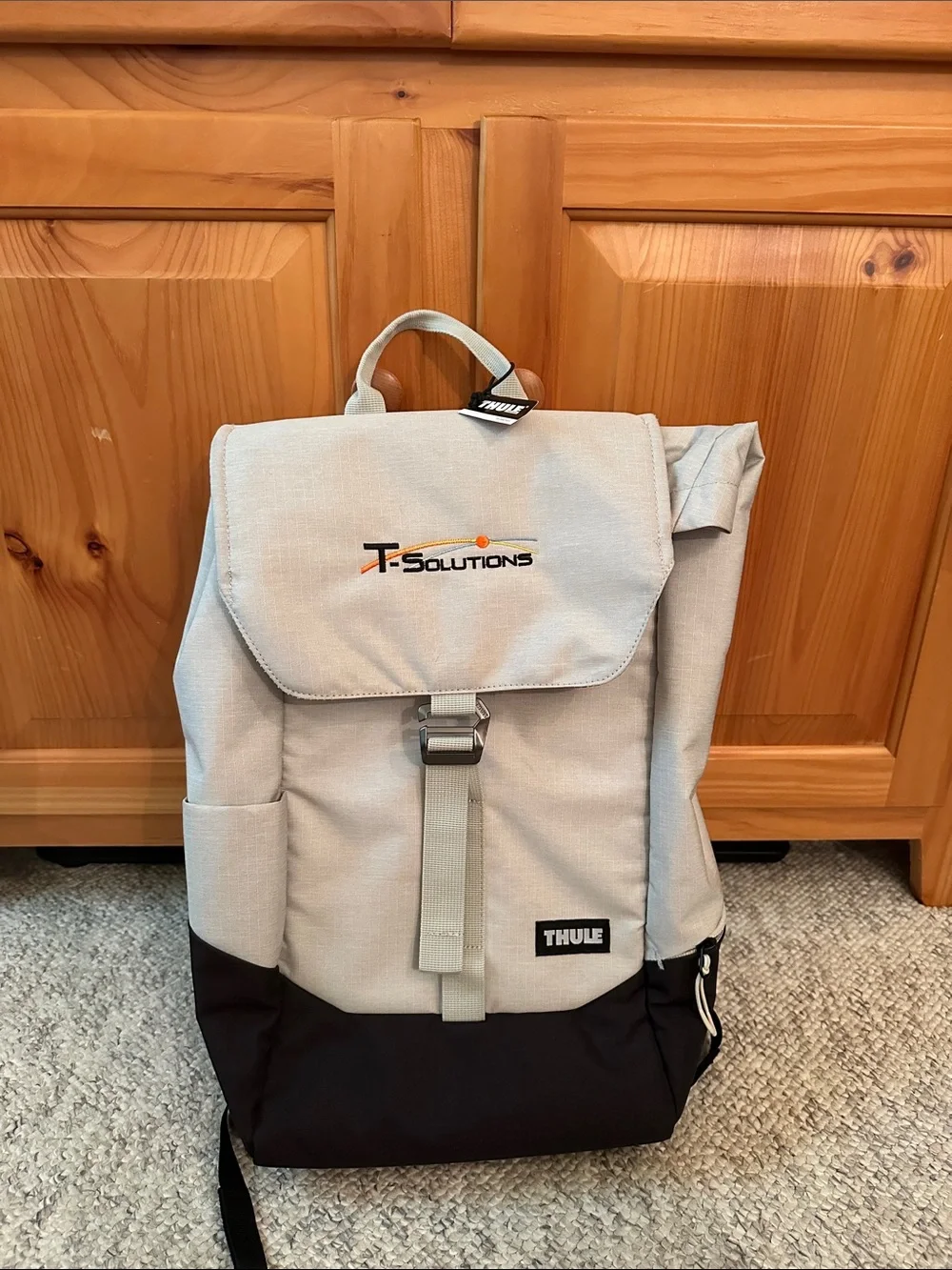 Thule Two-Tone Light Gray and Black Roll-Top Backpack new with tag